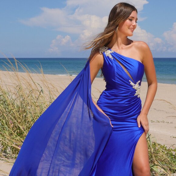 New One Shoulder Sheath Evening Gown w/ Jewel Embroidery & Front Keyhole AC 7056 - Picture 4 of 10